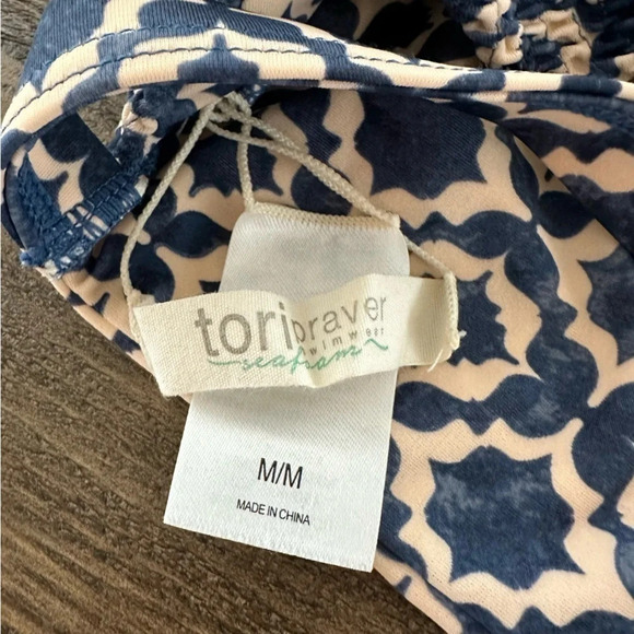 Tori Praver Seafoam Womens Medium Blue Print Smocked Strappy Bikini Top Swimwear - Picture 4 of 4